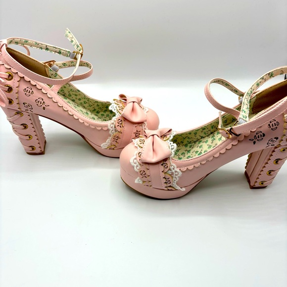 Bow Lace Princess Lolita Shoes Womens Chunky High Heels Ankle Strap Pumps Size 8 - Picture 4 of 12